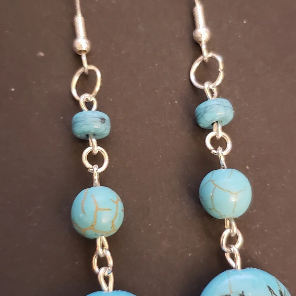 Handmade Boho Celestial Moon Star Turquoise Dangle Earrings - Picture 3 of 3